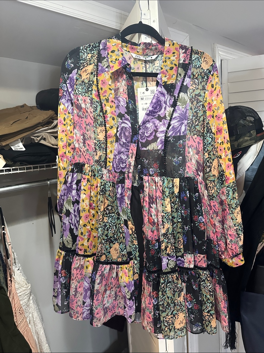 Zara Multicolor Floral Patchwork Long-Sleeve Tiered Dress